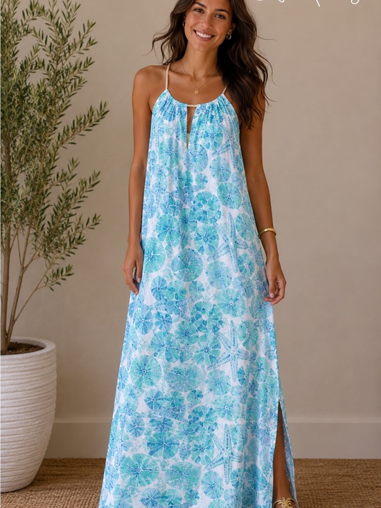 Lilly Pulitzer Dresses & Skirts - Lilly Pulitzer Blue Green Shell Print Maxi Dress XS Lined Sleeveless Resort